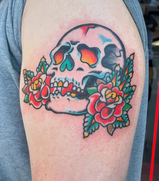 American traditional skull and rose tattoo, color, Historic Tattoo Studio