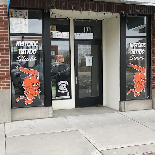 Historic Tattoo Studio storefront at 171 25th Street, Ogden, UT, with hand-painted window art