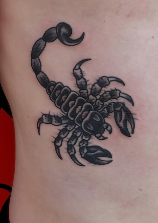 Neo-traditional scorpion tattoo, black and grey, Historic Tattoo Studio