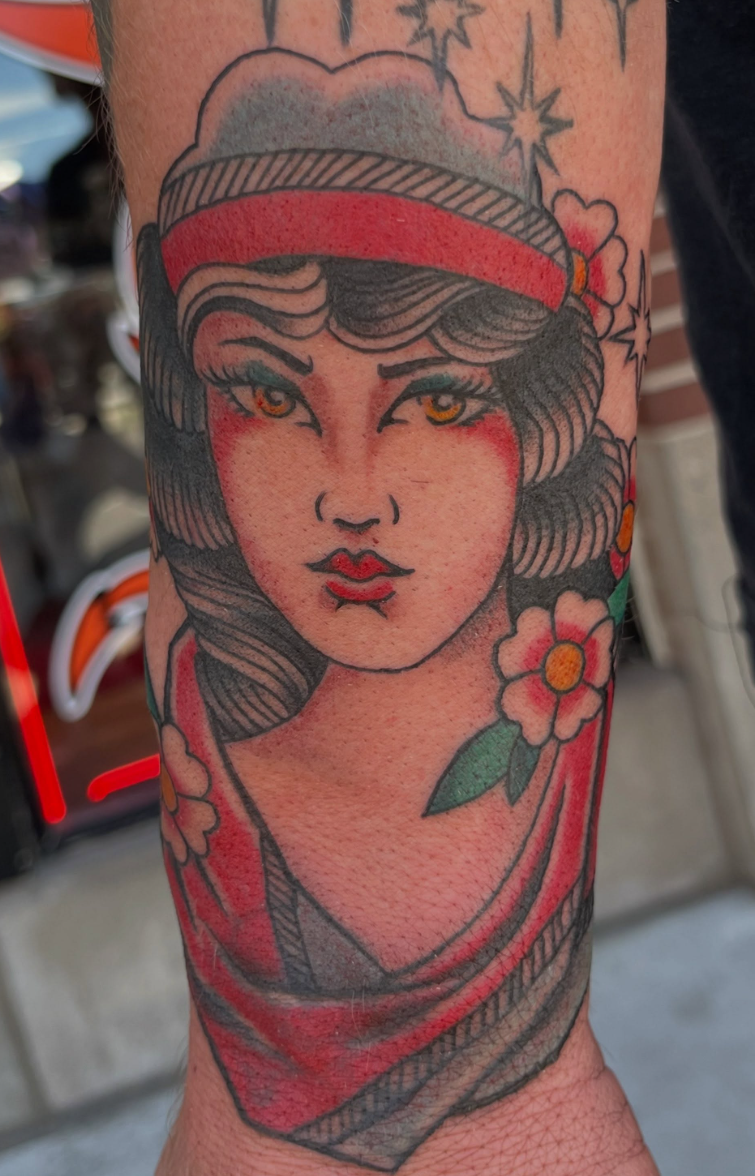 Neo-traditional woman portrait tattoo with flowers, color, Historic Tattoo Studio