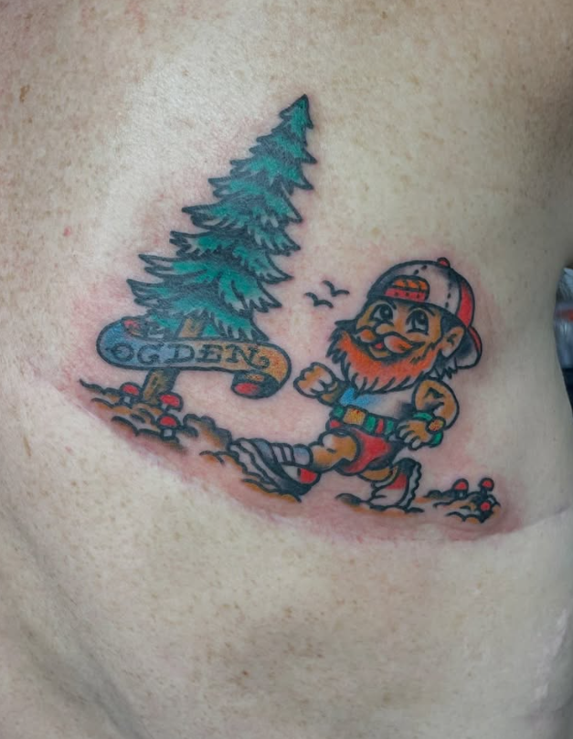 Traditional Ogden pine tree and gnome tattoo, color, Historic Tattoo Studio