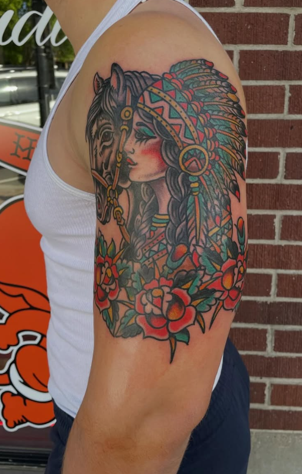 Neo-traditional Native American woman and horse tattoo, color, done at Historic Tattoo Studio